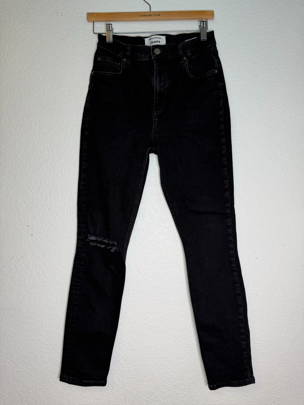 Reformation Faded Black High-Rise Destroyed Skinny Jeans, Size 28